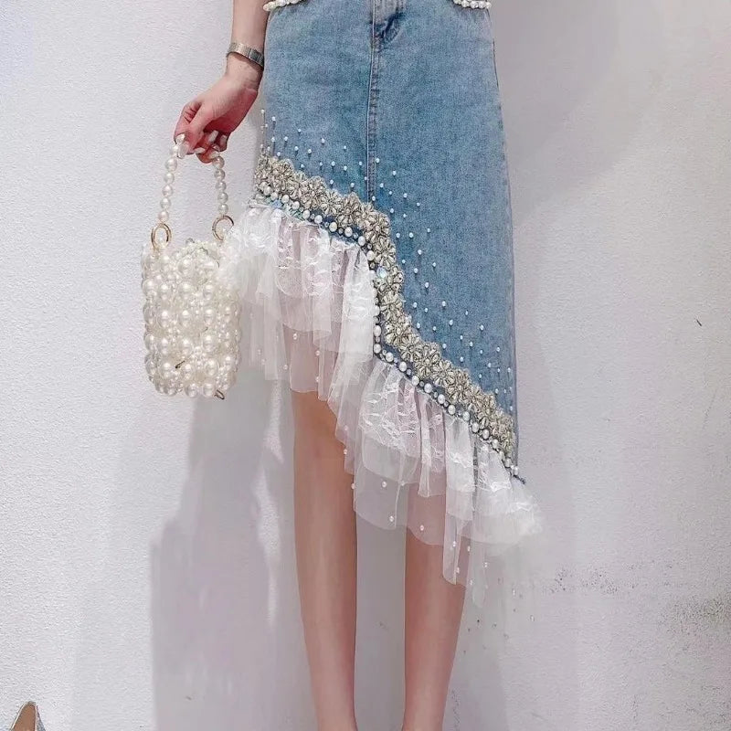 Denim Skirt Women Patchwork Lace Sweet Jupe 2025 Faldas Mujer De Moda Fashion Irregular Beading Summer Saia Bodycon Y2k Skirts