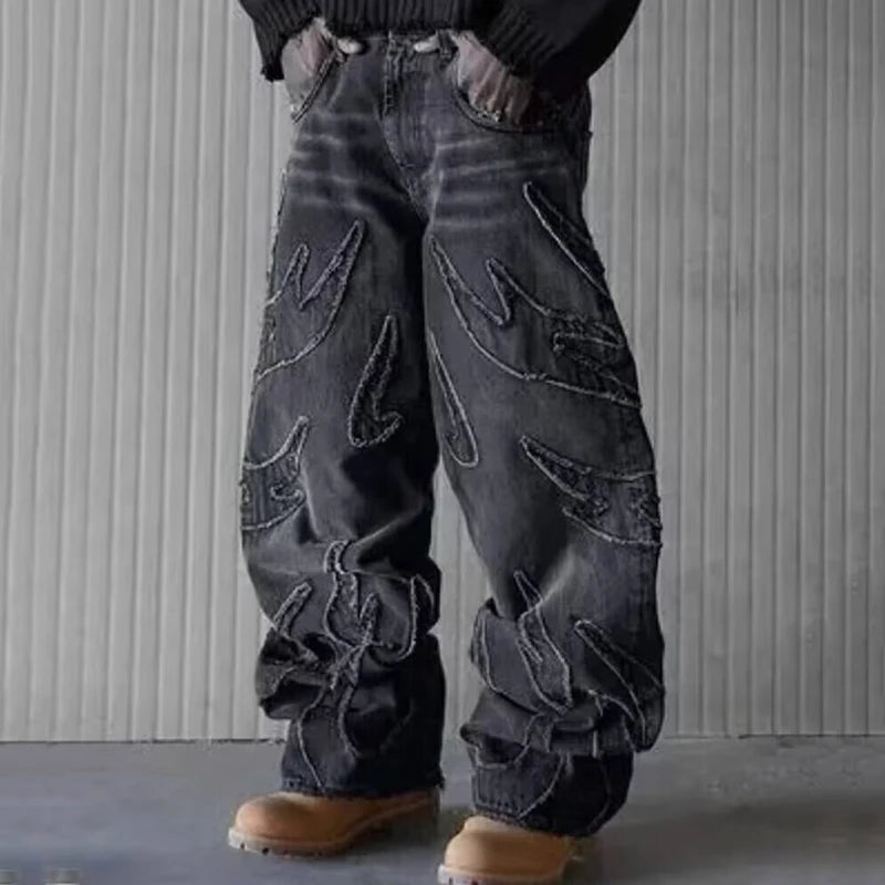 2025 Y2k Hip Hop Baggy Jeans Men's Street Fashion Raw Edge Embroidered Jeans Street Gothic Retro High Waisted Wide Leg Trousers