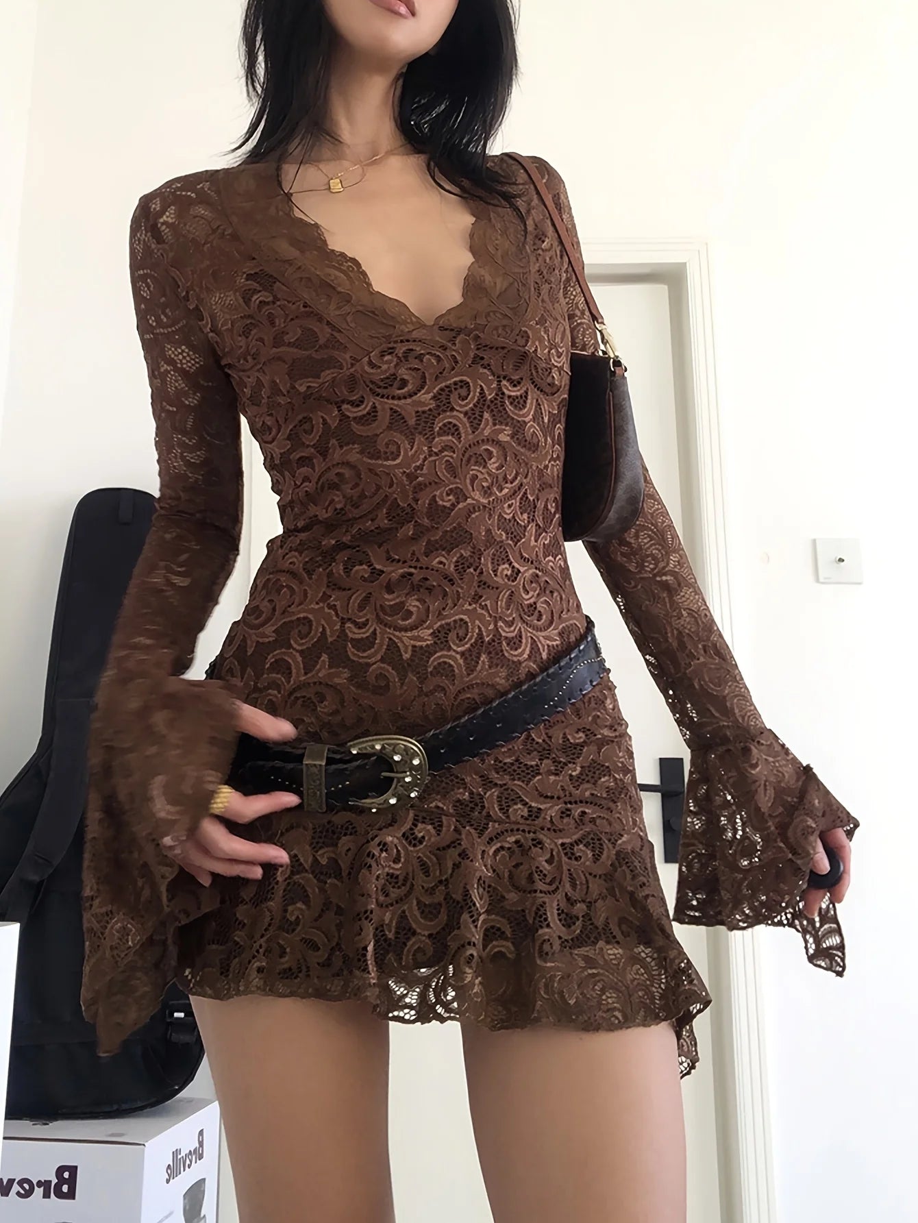 Summer Y2k Women's Dresses Sexy Sheer Mesh Lace Bodycon Dress Flared Long Sleeve V-Neck Mini Dress Party Club Evening Dresses