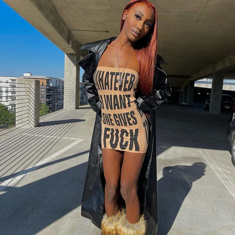 Y2K Letter Slogan Printed Gothic Punk Chest Wrapping Bodycon Summer Women Clothes Sexy Clubwear Mini Dress