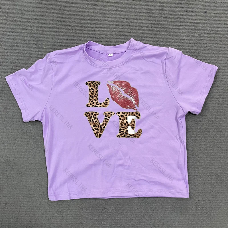 Y2k leopard LOVE Print spicy girl crop top Baby tee 2000s