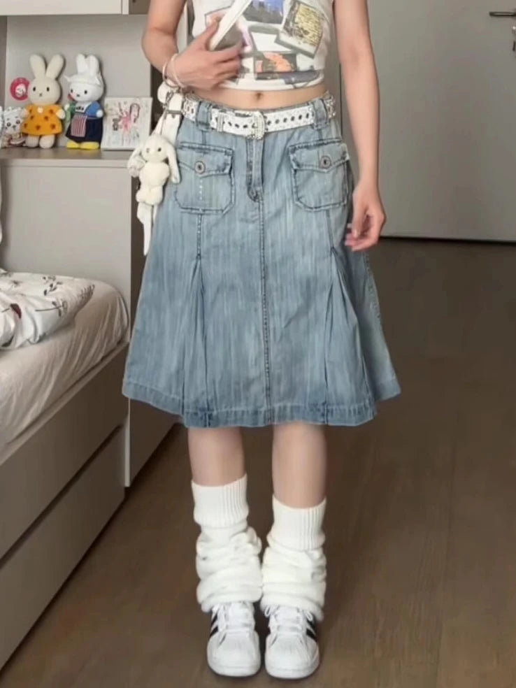Summer Women Japanese Y2k 2000s Aesthetic A-line Midi Denim Skirt Korean Fashion Kpop Gyaru Jean Skirt Goblin Core Harajuku New