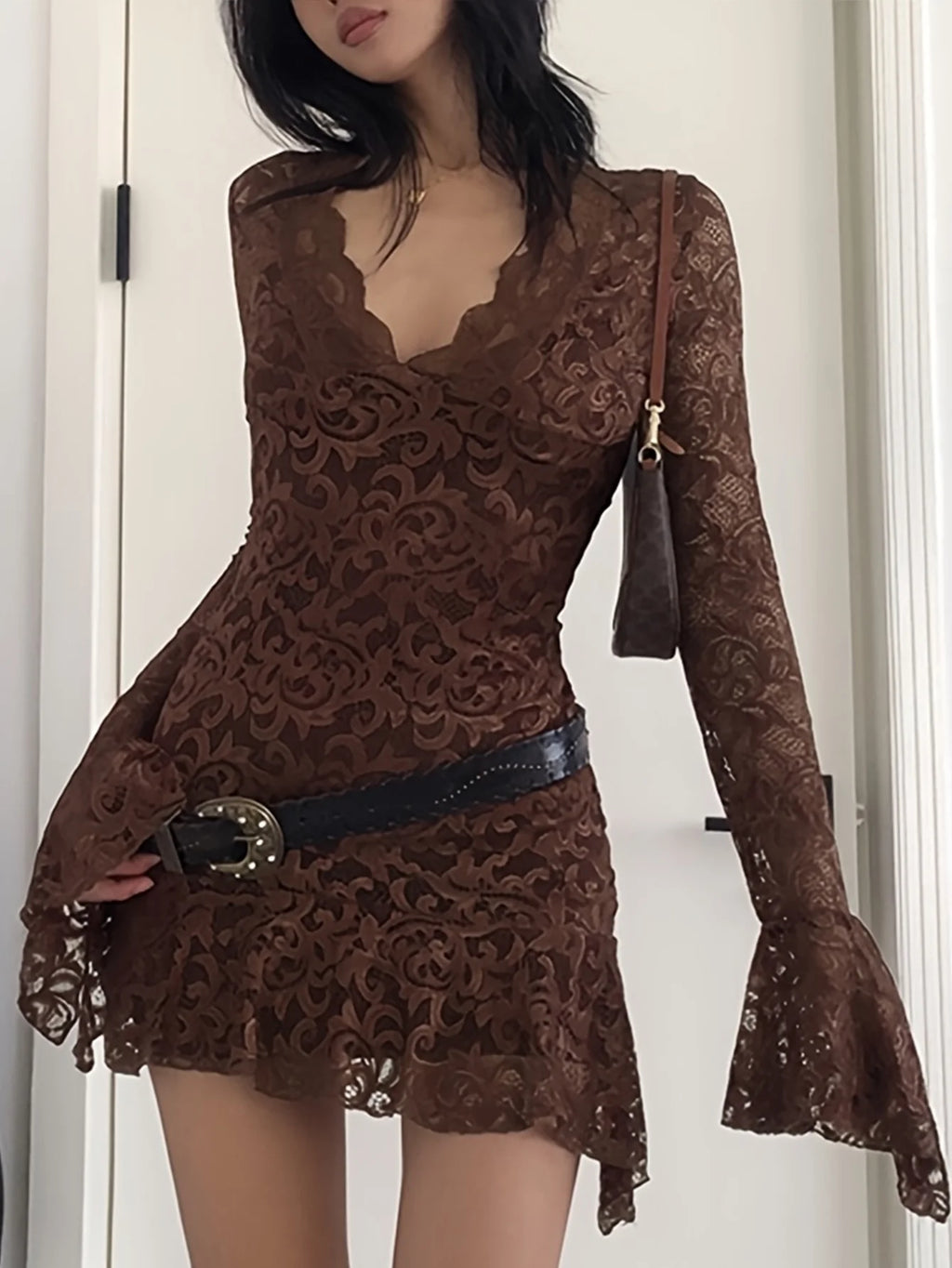 Summer Y2k Women's Dresses Sexy Sheer Mesh Lace Bodycon Dress Flared Long Sleeve V-Neck Mini Dress Party Club Evening Dresses