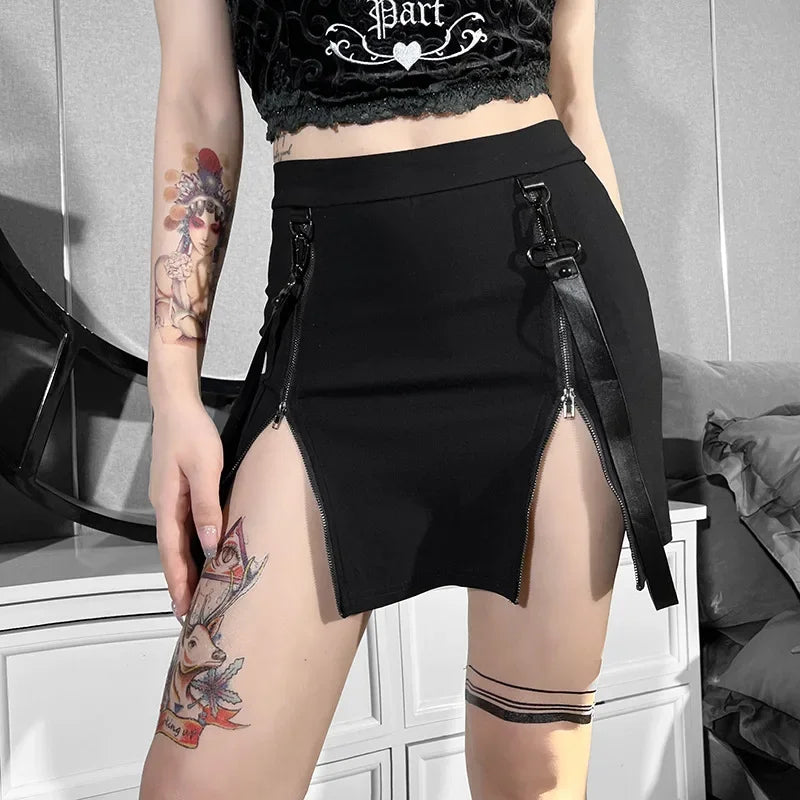 Y2k Skirt Dark Double Zipper Bag Hip Split Gothic Design Tight Skirt Harajuku Black Gothic Bag Hip Skirt Kawaii Vintage
