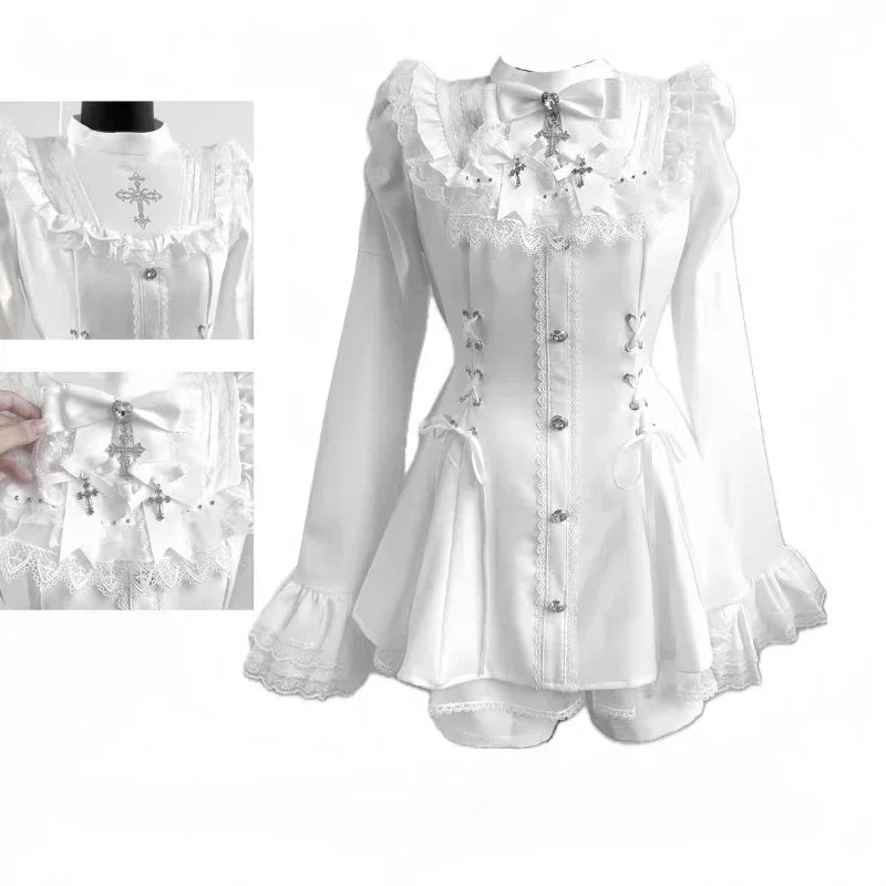 Women Y2k Aesthetic Lolita Style Bow Dress Shorts Set Japanese Gothic Lace Flare Sleeve Button Shirt Dress Punk Party Mini Dress