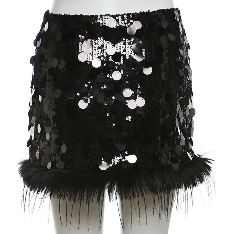 Sexy Mini Skirt Y2k Slim Women Clothing Feather Streetwear Sequined A-Line Faldones Para Mujer High Waist Casual Fashion Outfits