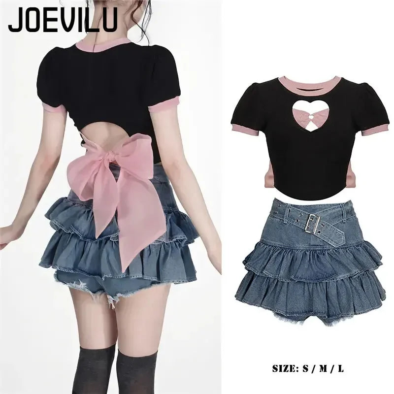 Y2k Skirt Set Bow Tie Love Hollow Out Crop Top Denim Ruffled Pleated Skirt 2 Piece Sets Women Summer Sexy Backless Outfits Suit