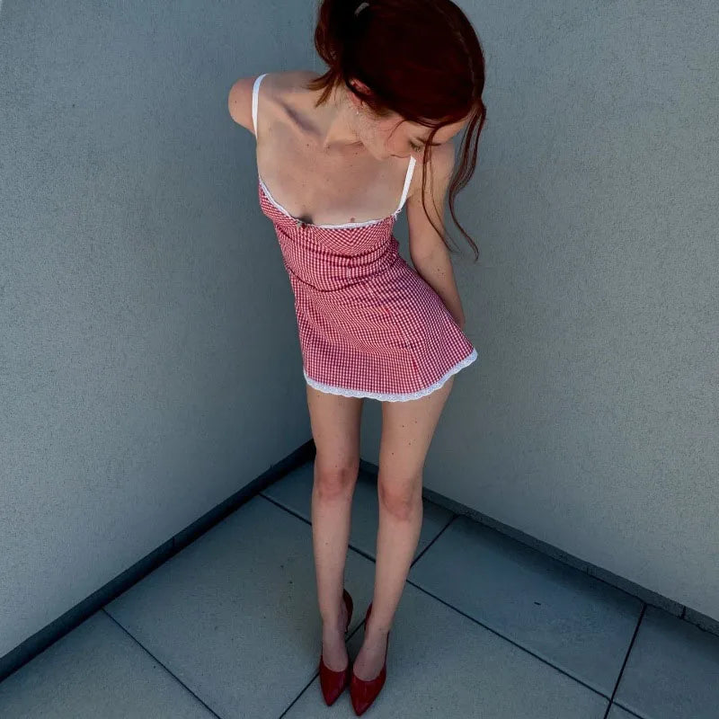 Women's Vintage Y2K Red Plaid Mini Dresses Sexy Backless Lace Spaghetti Strap Dress Woman Elegant Slim Evening Party Vestidos