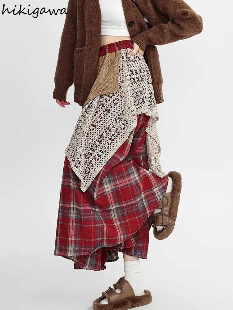 Y2k Skirts Women Clothing 2025 Faldas Mujer De Moda Contrast Color A-line Jupe Fashion Korean Saia Lace Plaid Casual Long Skirt