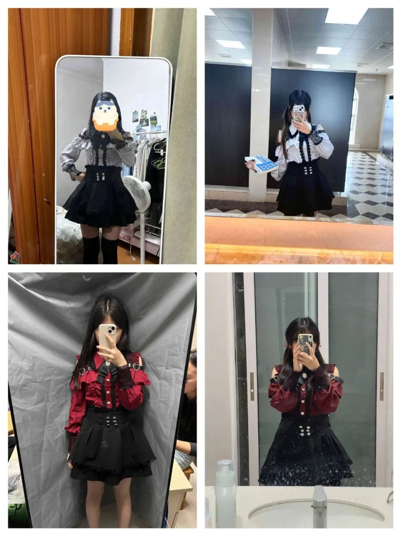 Women Y2k Aesthetic Lolita Style Bow Dress Shorts Set Japanese Gothic Lace Flare Sleeve Button Shirt Dress Punk Party Mini Dress