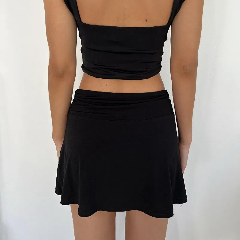 2023 Summer Y2K Style Cool Girl Asymmetrical Pleated Mini Skirts Women Rope Lacing Up Bandage Bow Waist Skirts White Black