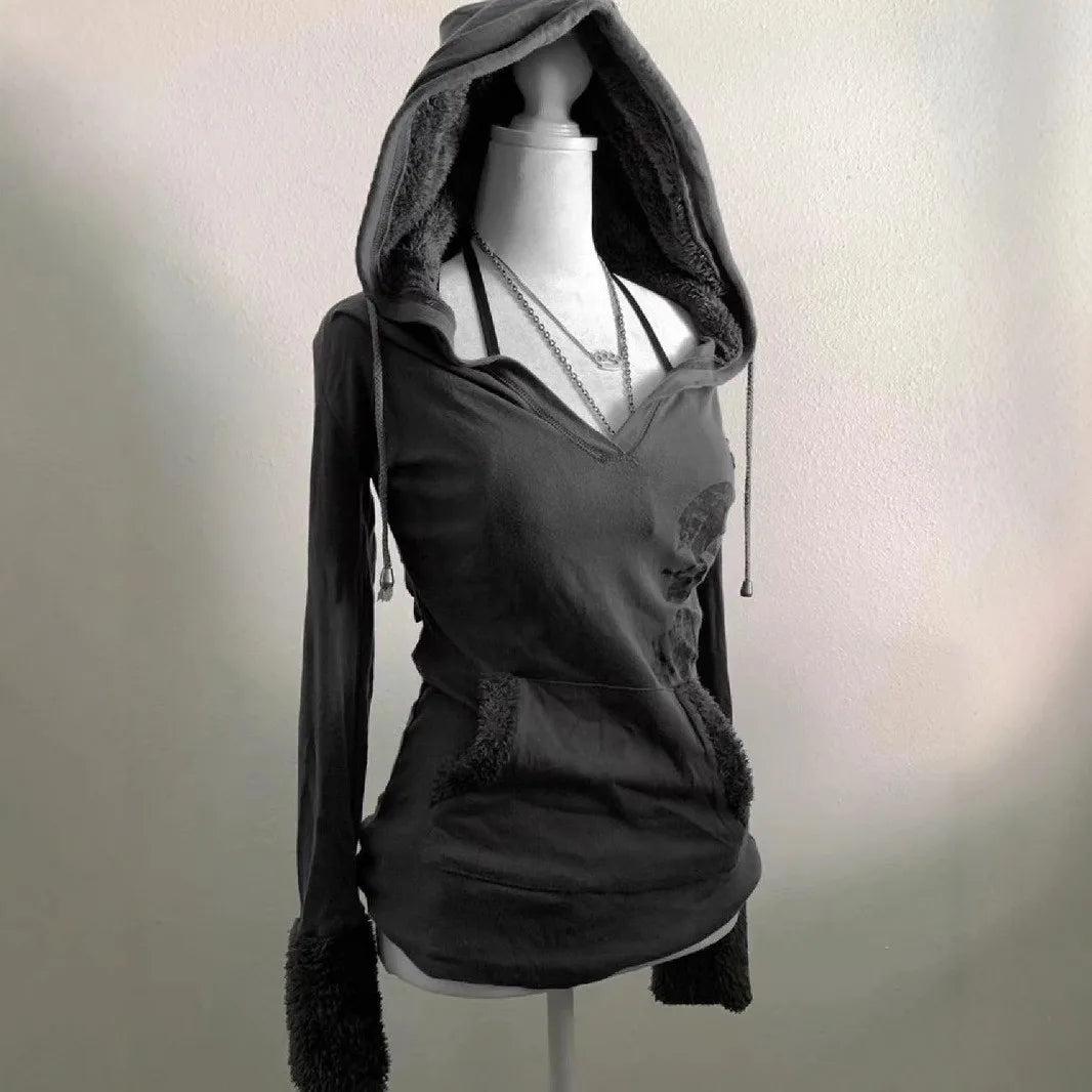 Y2k American retro hoodie, vintage hooded short sleeved fake emo, women's cut, front shoulder slim fit, two hoodies, women's ver