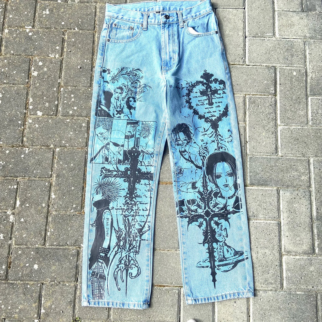 Y2k Anime Baggy Denim Trend Hand Drawn Printed Pattern New Men Women Pants Hip Hop Retro Harajuku Streetwear Unisex Casual Jeans