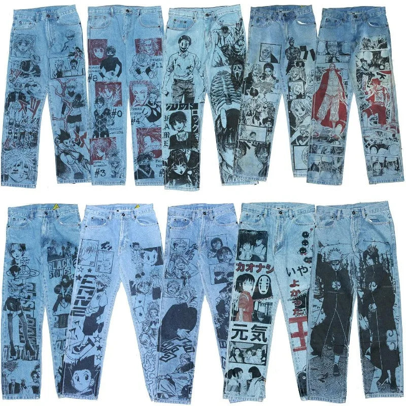 Y2k Anime Baggy Denim Trend Hand Drawn Printed Pattern New Men Women Pants Hip Hop Retro Harajuku Streetwear Unisex Casual Jeans
