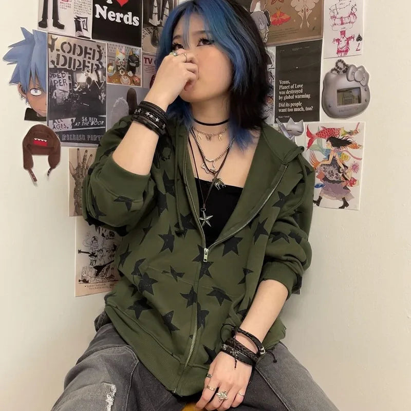 Y2k Vintage Gothic Women Hoodie Fashion Stars Print Zip Up Autumn Winter Hip Hop Long Sleeve Jacket Coat Loose Hooded Sweatshirt