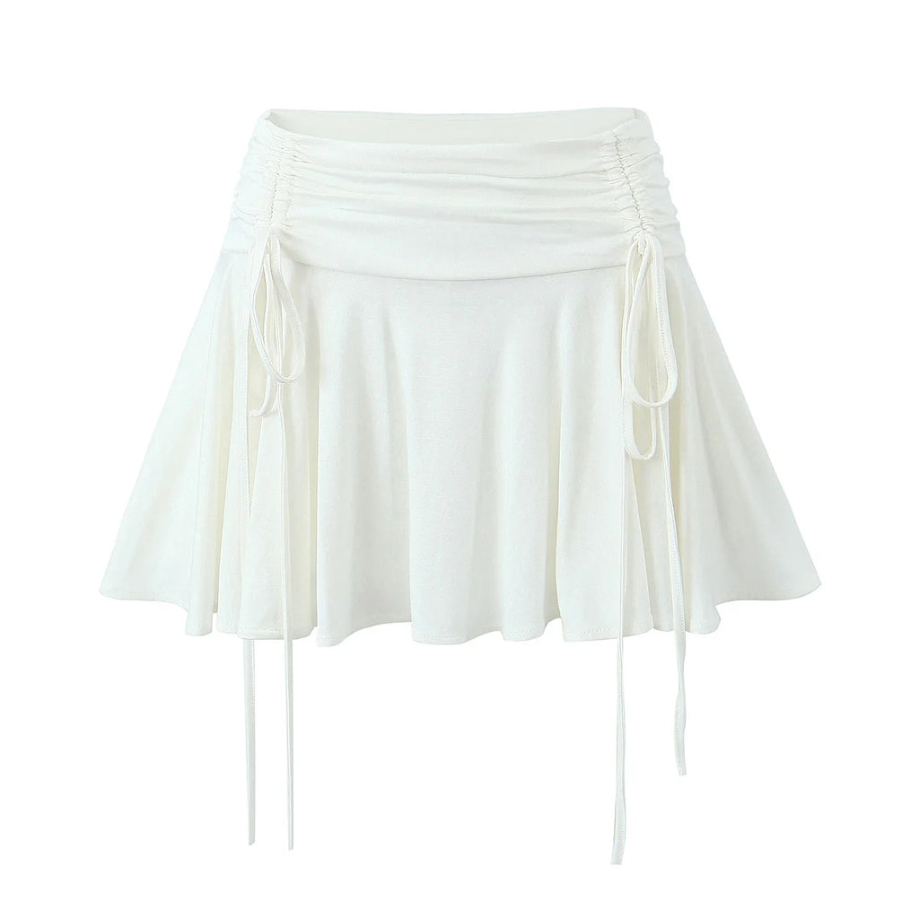 2023 Summer Y2K Style Cool Girl Asymmetrical Pleated Mini Skirts Women Rope Lacing Up Bandage Bow Waist Skirts White Black