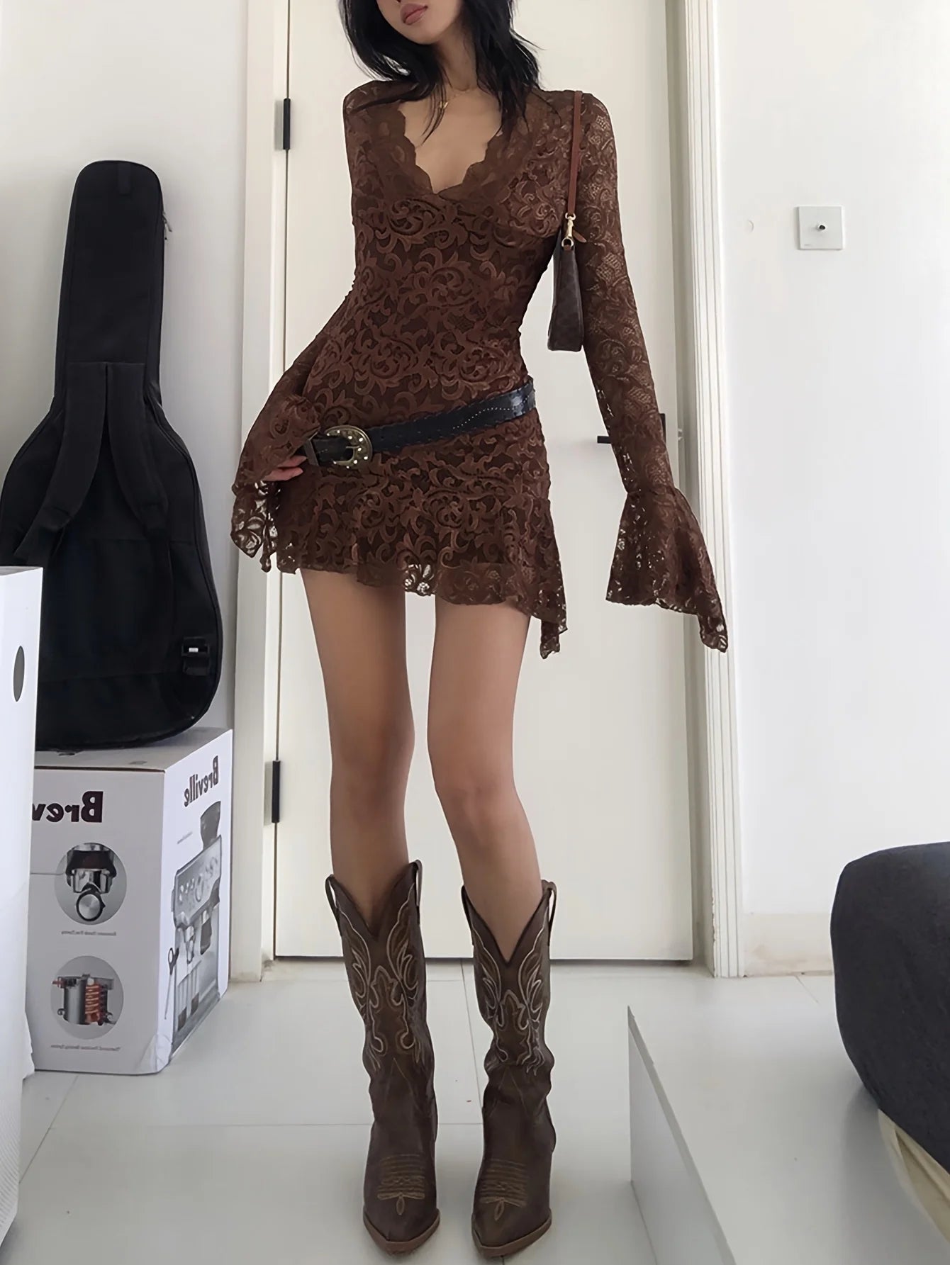 Summer Y2k Women's Dresses Sexy Sheer Mesh Lace Bodycon Dress Flared Long Sleeve V-Neck Mini Dress Party Club Evening Dresses