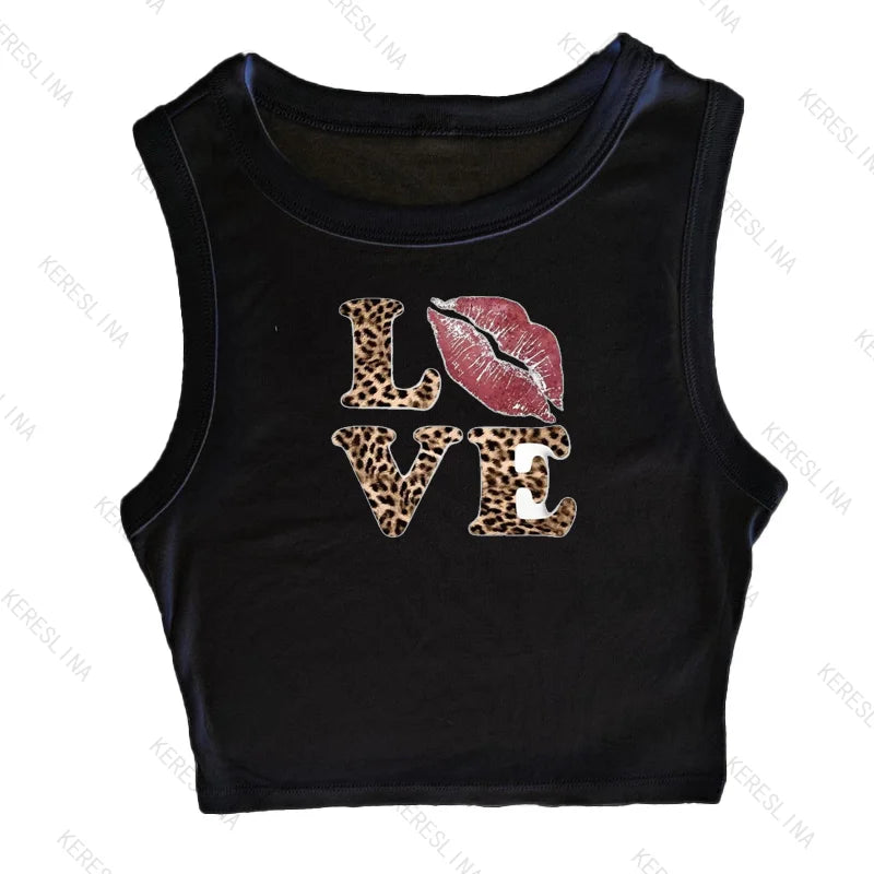 Y2k leopard LOVE Print spicy girl crop top Baby tee 2000s