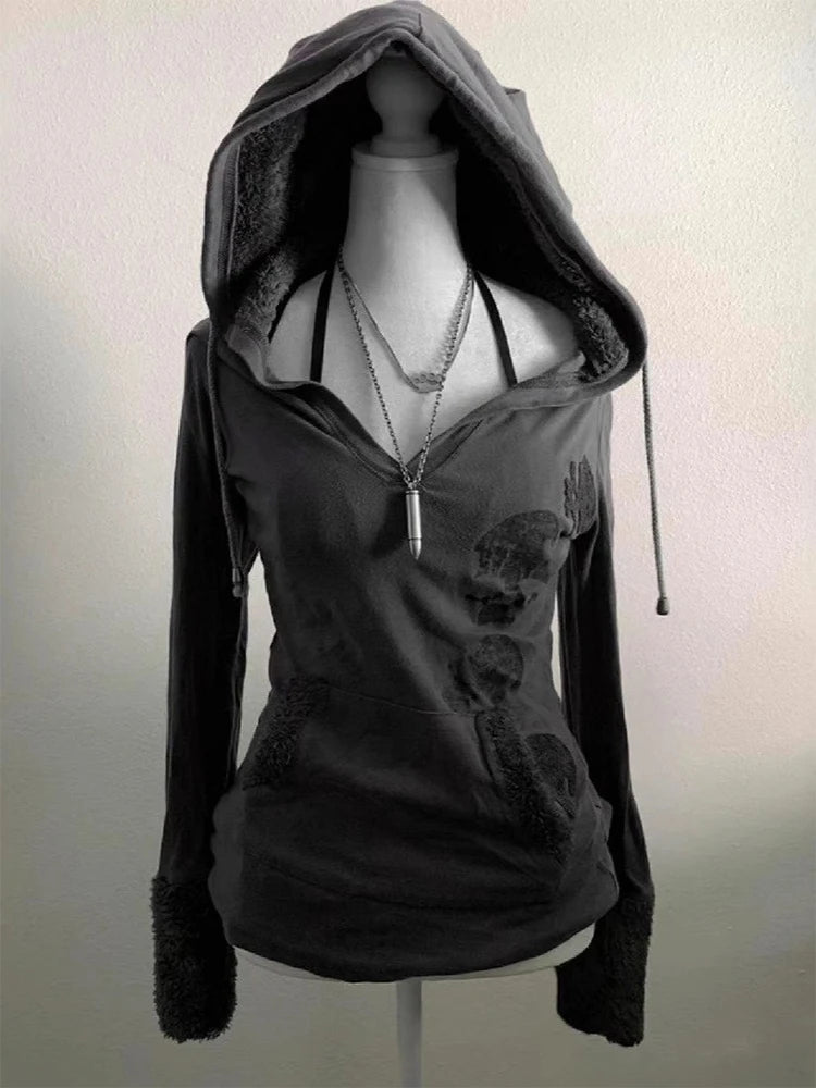 Y2k American retro hoodie, vintage hooded short sleeved fake emo, women's cut, front shoulder slim fit, two hoodies, women's ver