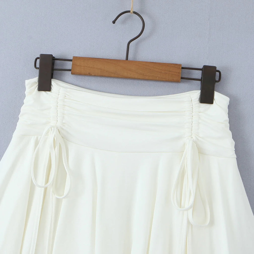 2023 Summer Y2K Style Cool Girl Asymmetrical Pleated Mini Skirts Women Rope Lacing Up Bandage Bow Waist Skirts White Black