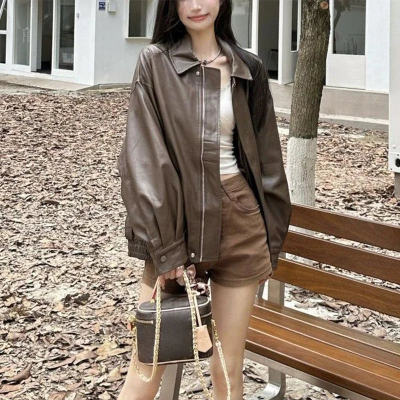 New American Retro Faux Leather Jacket Women Autumn Y2K Long Sleeve Pu Jackets Woman Stylish Loose Zipper Moto Biker Coats Mujer