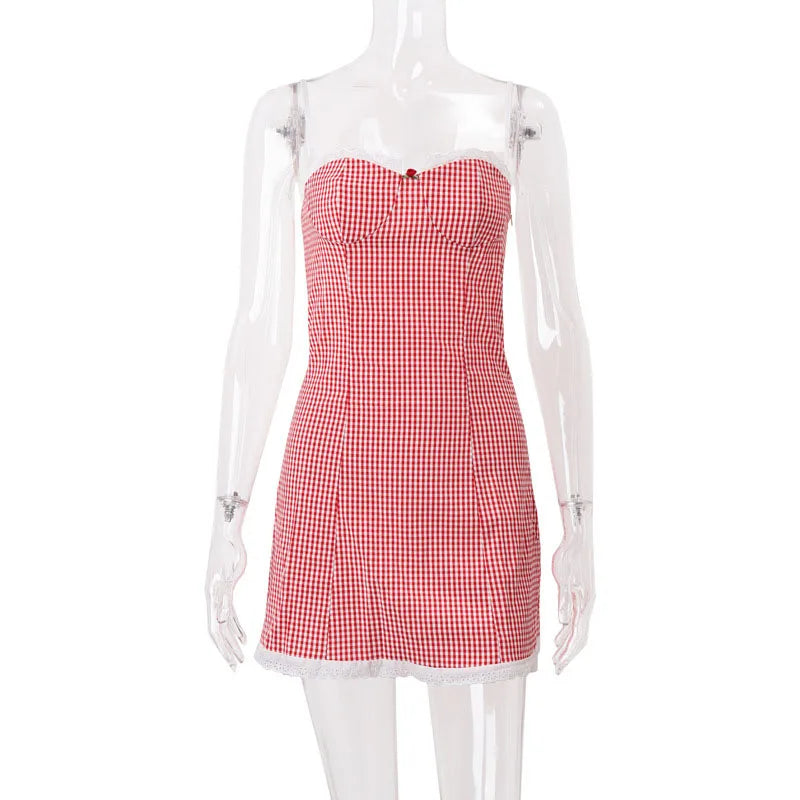 Women's Vintage Y2K Red Plaid Mini Dresses Sexy Backless Lace Spaghetti Strap Dress Woman Elegant Slim Evening Party Vestidos