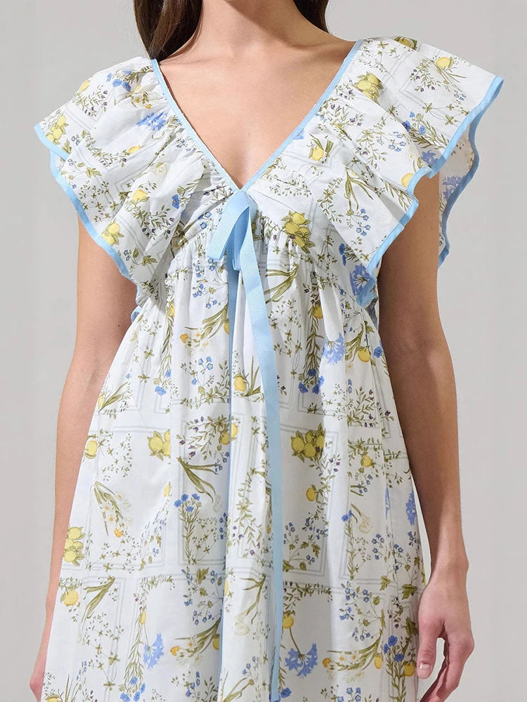 Women Vintage Y2k Mini Dress V-neck Backless Dress Girls Bow Tie Short Skirt 2025 New Loose A-Line Dress Beach Holiday Sundress