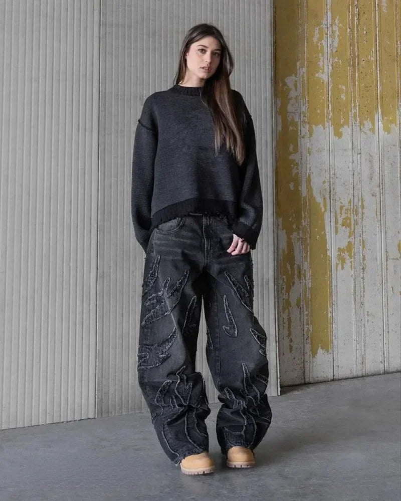 2025 Y2k Hip Hop Baggy Jeans for Men Distressed Retro Black Pants Embroidery Harajuku Gothic Wide Leg Trousers Streetwear Pants