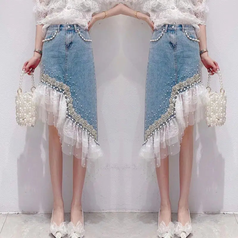 Denim Skirt Women Patchwork Lace Sweet Jupe 2025 Faldas Mujer De Moda Fashion Irregular Beading Summer Saia Bodycon Y2k Skirts