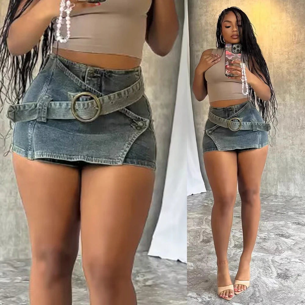 Chic Women Denim Short Skirt Y2k Street Wear Clothes 2025 Summer Sexy Irregular Vintage Washed Blue Belted Mini Jean Skirts