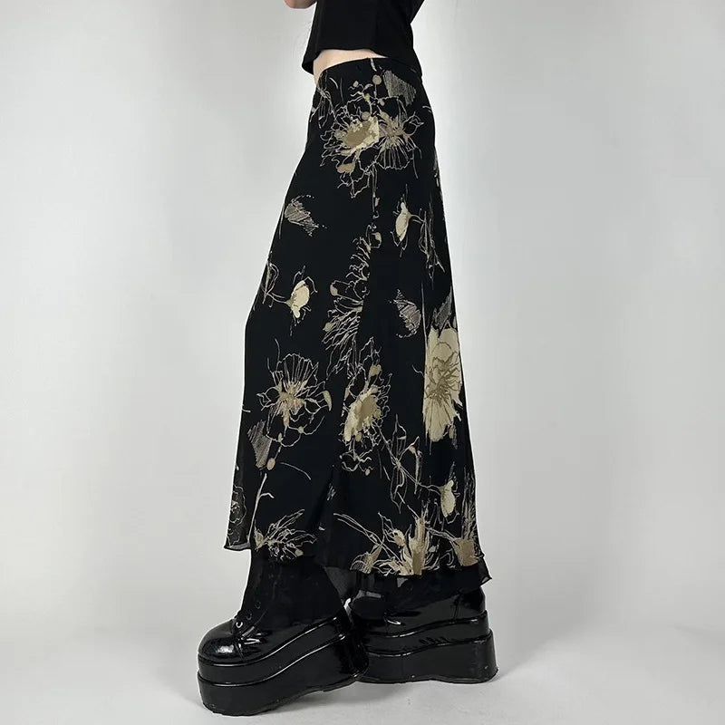 Y2K Double Layer Mesh A-line Skirt Women Fashion Florals Print Slim Skirts Fairy Streetwear Gothic Bottomsprint Print Mesh Skirt