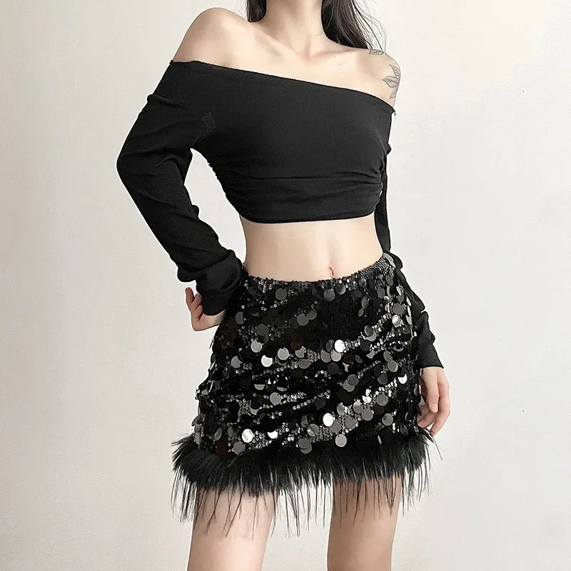 Sexy Mini Skirt Y2k Slim Women Clothing Feather Streetwear Sequined A-Line Faldones Para Mujer High Waist Casual Fashion Outfits