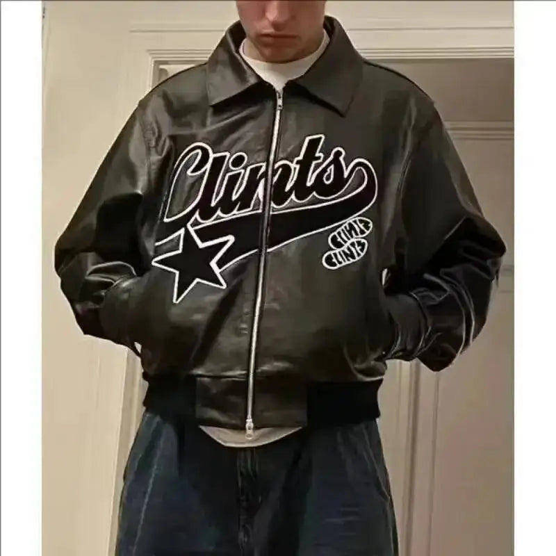 Y2k Jacket American Streetwear Trend PU Leather Jacket Black Thick Loose Zipper Jacket For Men