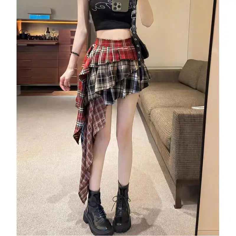 New In Y2k Skirt For Women 2024 Summer Autumn Plaid Patchwork Tassel Sexy Mini Short Skirt Japan Popular Skirt