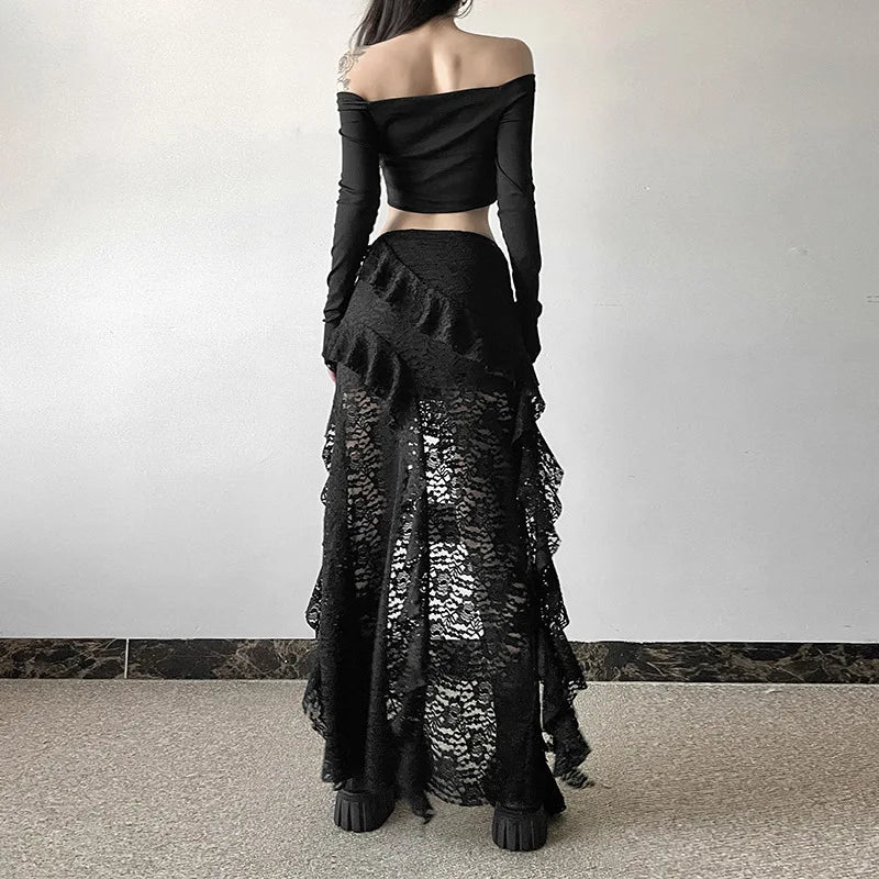 BKLD 2025 Autumn New Women Clothing Black Skirts Sexy High Waist Lace Ruffles Patchwork Irregular Y2k Skirts Party Clubwear