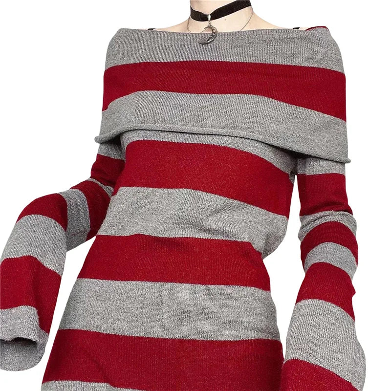 Y2K Striped Sweater Mini Dress Mall Goth Grunge Emo Bodycon Chic Women Off Shoulder Full Sleeve Slim Fit Dresses 00s Vintage