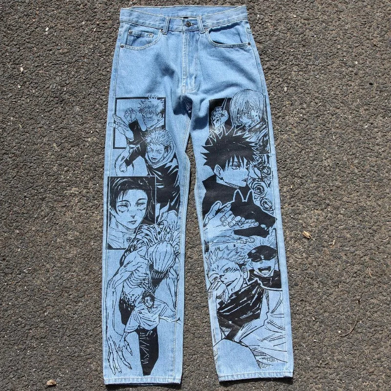 Y2k Anime Baggy Denim Trend Hand Drawn Printed Pattern New Men Women Pants Hip Hop Retro Harajuku Streetwear Unisex Casual Jeans
