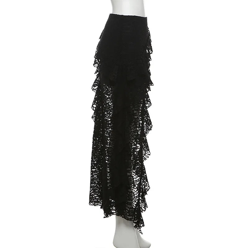 BKLD 2025 Autumn New Women Clothing Black Skirts Sexy High Waist Lace Ruffles Patchwork Irregular Y2k Skirts Party Clubwear