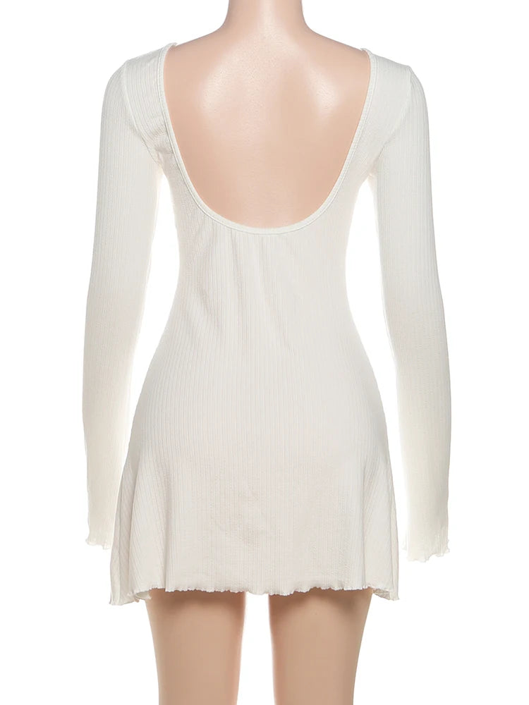 Macheda Y2K Style Mini Dress Women Autumn New Trend o-Neck Full Sleeve Backless Street Casual Fashion Ruched Elegant Clothing
