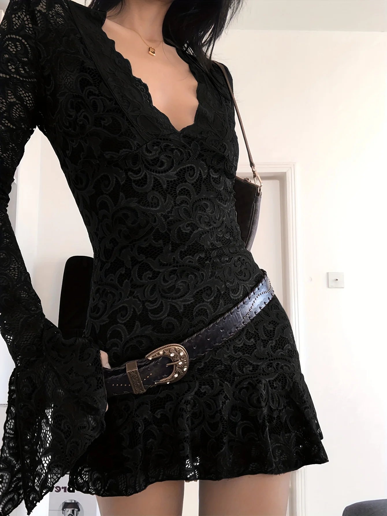 Summer Y2k Women's Dresses Sexy Sheer Mesh Lace Bodycon Dress Flared Long Sleeve V-Neck Mini Dress Party Club Evening Dresses