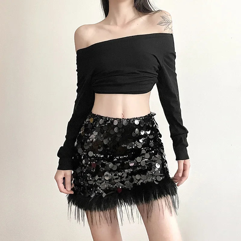 Sexy Mini Skirt Y2k Slim Women Clothing Feather Streetwear Sequined A-Line Faldones Para Mujer High Waist Casual Fashion Outfits