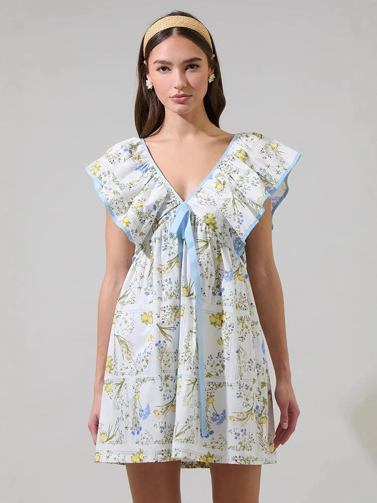 Women Vintage Y2k Mini Dress V-neck Backless Dress Girls Bow Tie Short Skirt 2025 New Loose A-Line Dress Beach Holiday Sundress