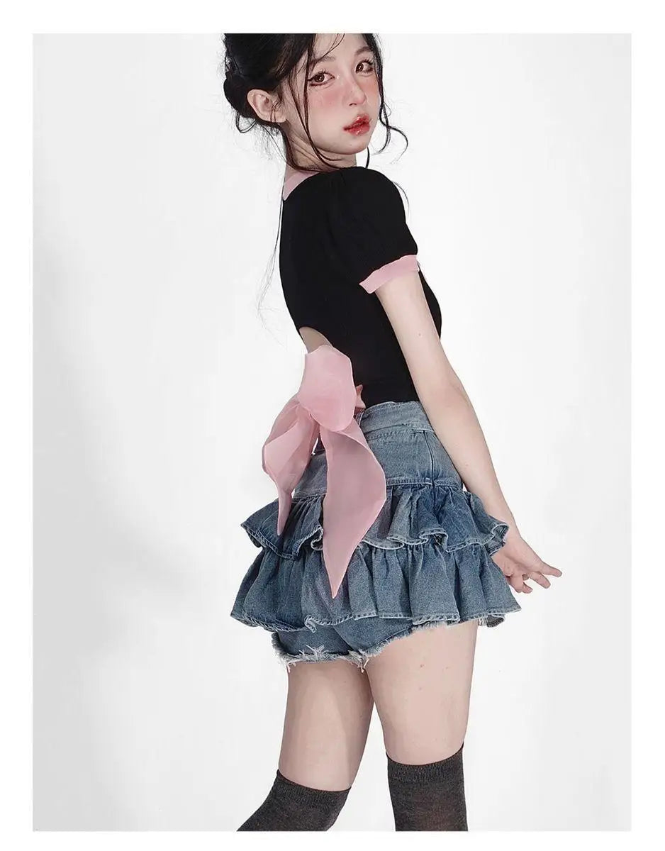 Y2k Skirt Set Bow Tie Love Hollow Out Crop Top Denim Ruffled Pleated Skirt 2 Piece Sets Women Summer Sexy Backless Outfits Suit