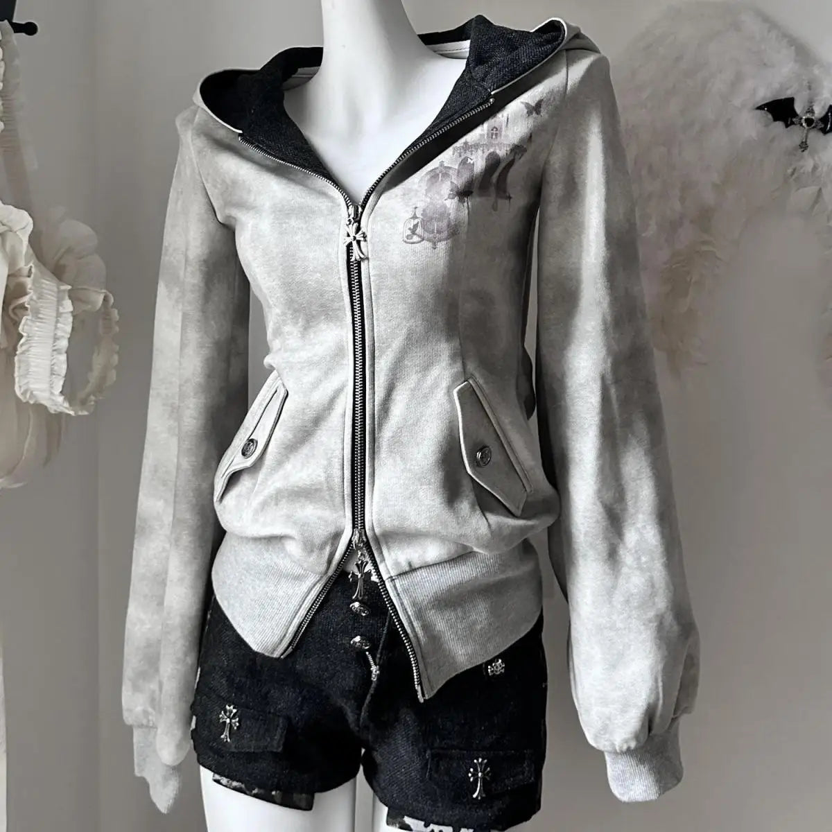 American Vintage Y2k Hottie Slimming Hoodies Autumn Cotton 100% New Gray Harajuku Hoodie Womens Subculture Zip-up Cardigan Coat
