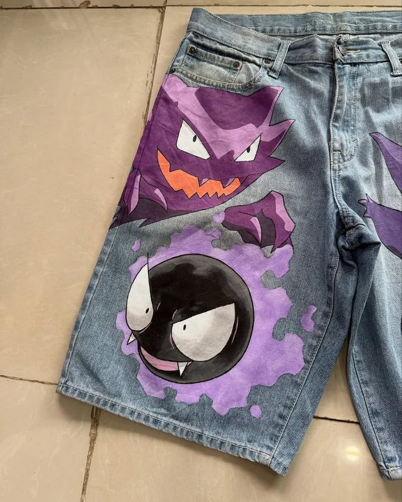 y2k Punk retro men and women jeans Fashion new streetwear quarter pants Goth Harajuku hip hop cartoon print casual loose shorts