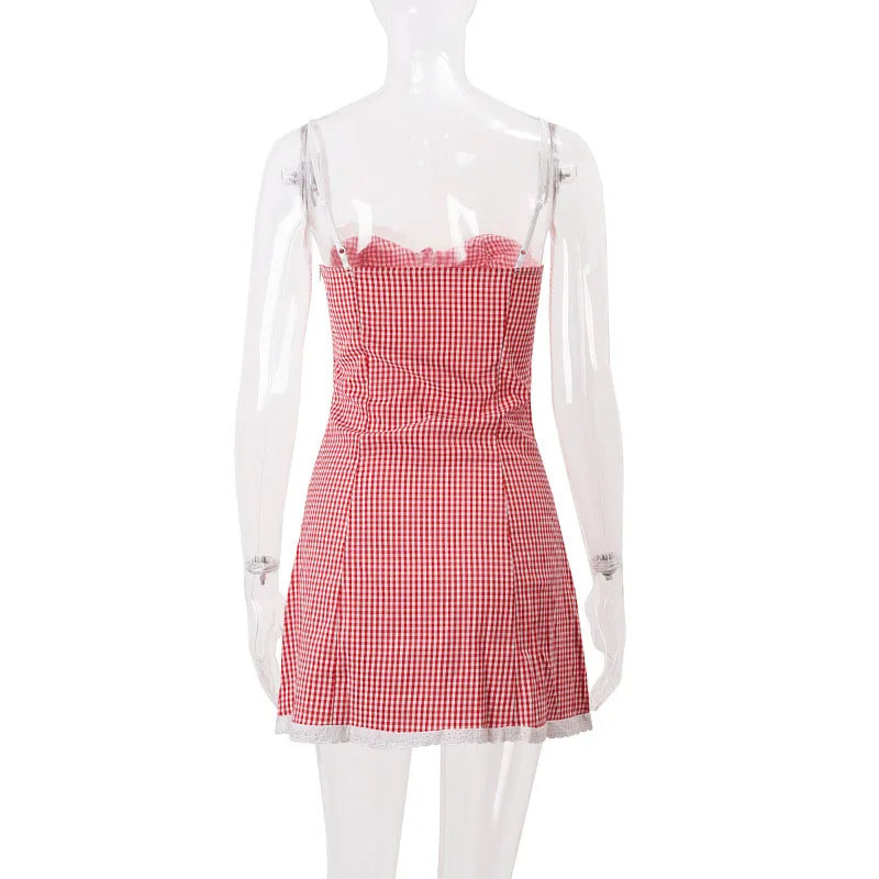 Women's Vintage Y2K Red Plaid Mini Dresses Sexy Backless Lace Spaghetti Strap Dress Woman Elegant Slim Evening Party Vestidos