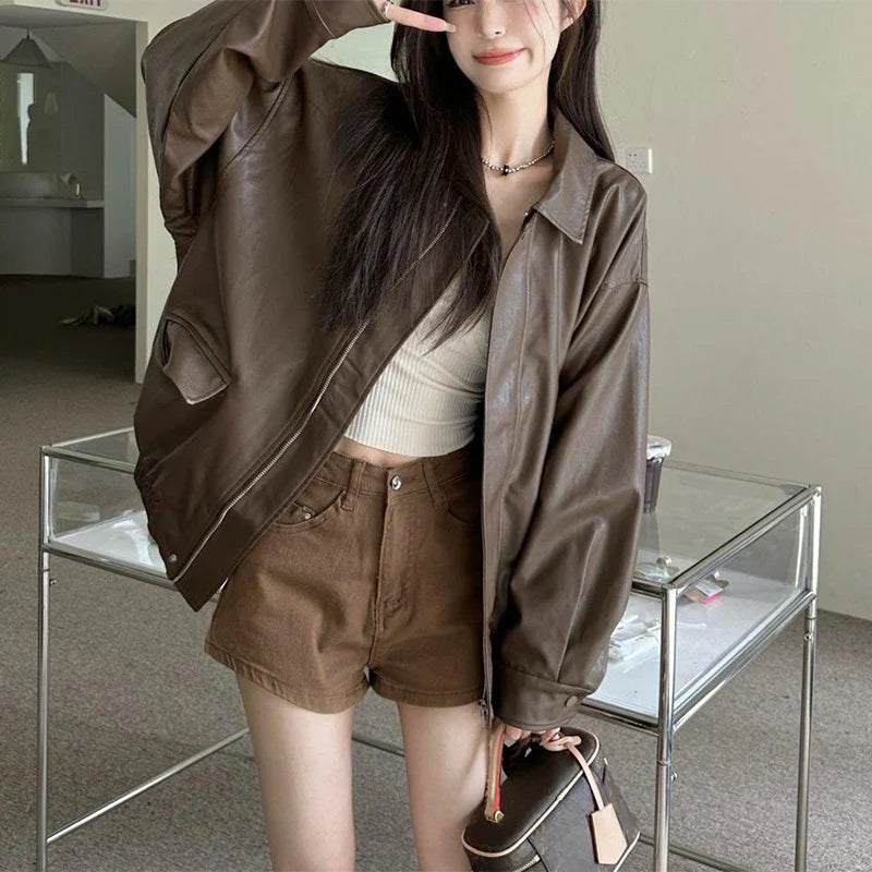 New American Retro Faux Leather Jacket Women Autumn Y2K Long Sleeve Pu Jackets Woman Stylish Loose Zipper Moto Biker Coats Mujer