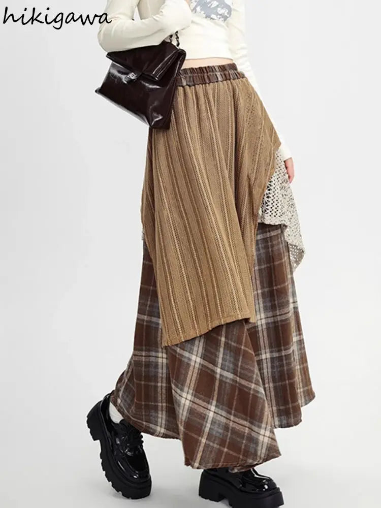 Y2k Skirts Women Clothing 2025 Faldas Mujer De Moda Contrast Color A-line Jupe Fashion Korean Saia Lace Plaid Casual Long Skirt