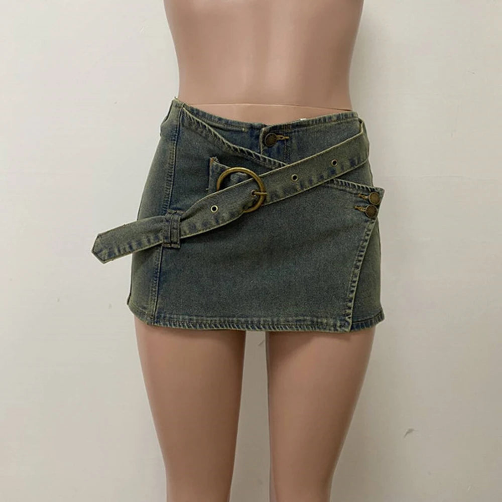 Chic Women Denim Short Skirt Y2k Street Wear Clothes 2025 Summer Sexy Irregular Vintage Washed Blue Belted Mini Jean Skirts