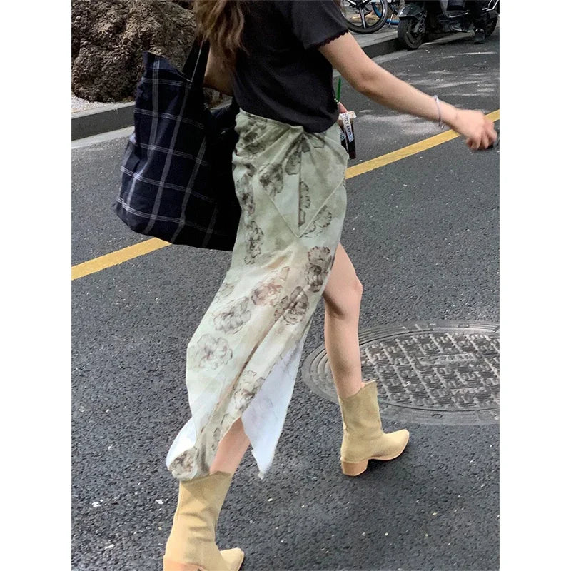 Y2K 2000S Asymmetric Mini Skirt Women Gothic Harajuku Floral Print Hip Wrap Skirts Summer Korean Aesthetic Slim A Line Skirt New
